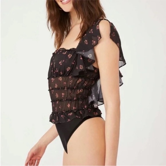 Free People Floral Ruffle Black Bodysuit - Picture 3 of 10